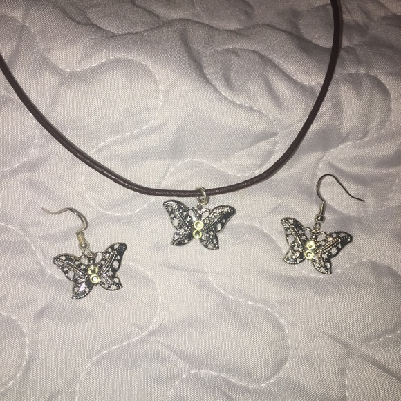 Necklace & earring set silver butterflies leather - Picture 2 of 4